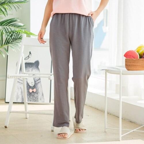 New Spring Womens Slub Cotton Trousers Solid Elastic Waist Sleep Pants Plus Size Pajama Bottoms Sleep Wear for Women Full Length
