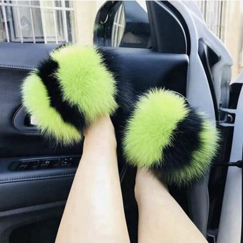New Women Fluffy Luxurious Fur Slippers Fashion Ladies Plush Furry Fur Beach Flip Flops Indoor Home Colorful Fox Fur Slides Hot