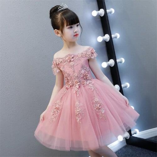 Fancy Flower Teenagers Dresses for Girl Children Off Shoulder Party Clothing Kids Evening Formal Dress for Bridesmaid Wedding