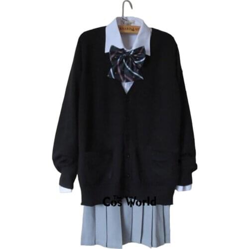 Preppy Style Student Class Japan JK High School Uniform Winter Black V-Neck Cardigan Gray Pleated Skirt Shirt Suits