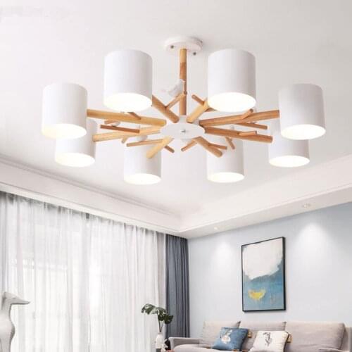 Nordic LED Chandelier With White Iron Lampshade For Foyer Modern Wooden Ceiling Mounted Lustres Wood Dining Hanglamp