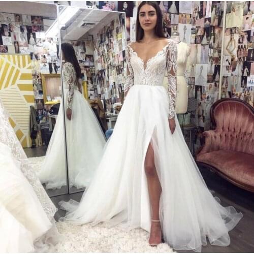 Wedding Dress A-Line V-Neck Full Sleeve Side Slit Lace Appliques Sequined Beads Backless Floor Length Sweep Train Bride Gown New