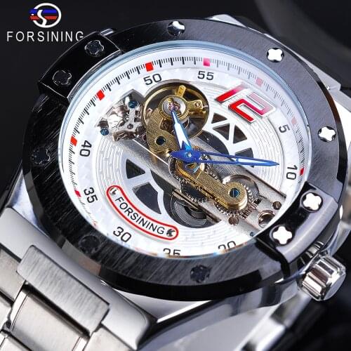 Forsining Unique Men Sport Watches Automatic Mechanical Transparent Bridge Silver Race Car Army Stainless Steel Belts Wristwatch