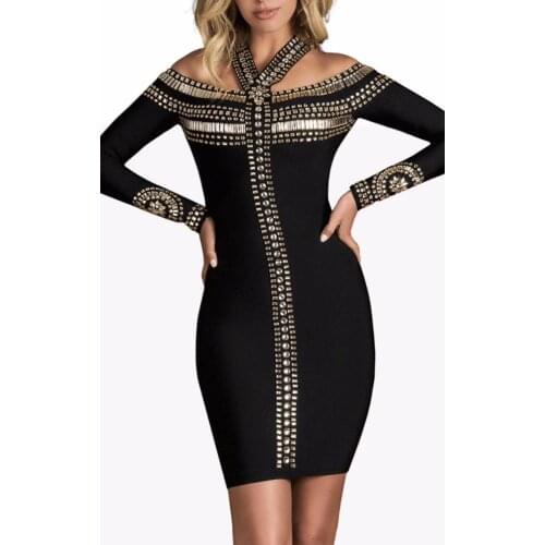 Top Quality Celebrity Beading Full Sleeveless Black Rayon Bandage Dress Evening Party Bodycon Dress