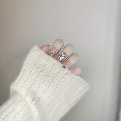 Jelly pure color with full diamond decoration 3d fake nails Japanese cute lady full nail tips bride nail art false nails glue