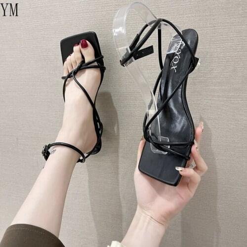 Women Shoes Sandals Square Toe Thin High Heels Summer Party Daily Cross Buckle Strap Ankle Cover Heel Crystal Open Gladiator