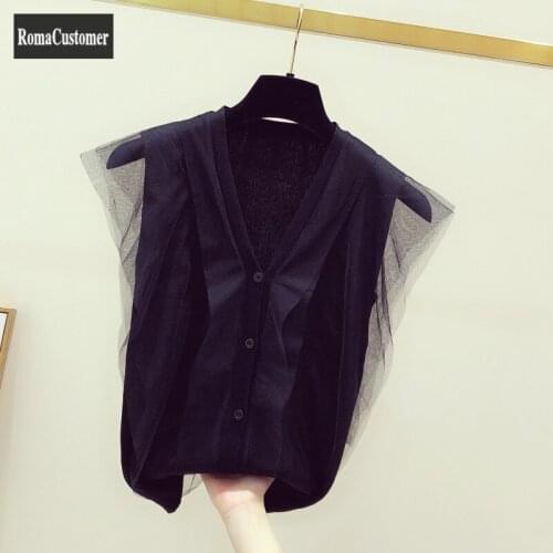 Korean New 2021 Summer Elegant Mesh Spliced V-Neck Sleeveless Womens Shirt Slim Solid Single Breasted Office Lady Casual Blouse