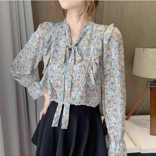 Women’s Shirts Turn-down Collar Bow Sleeve Petal Long Sleeve Printed Shirts Ladies Loose Spring Shirts Office Lady Top Plus Size