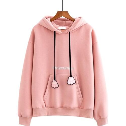 Women Letter Embossing Hooded Sweatshirt with Cute Cat Ears on Hood Loose Hoodies Long Sleeve Sweet Style Girl Pullovers