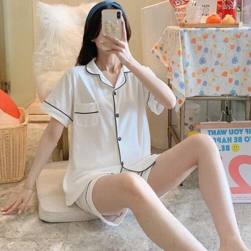 Womens suit pajamas 100% cotton summer set woman 2 pieces shorts short sleeve home Nightgowns thin Sleepwear solid