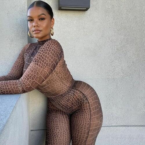 Snake print mesh see-through bodysuit leggings 2 pcs set women fashion party club outfits 2021 winter fall lady elastic clothes