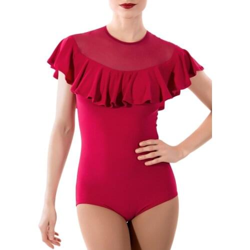 Latin dance sexy mesh ruffled collar silk milk short sleeve Latin dance tops for latin women dance jackets S-XXXL