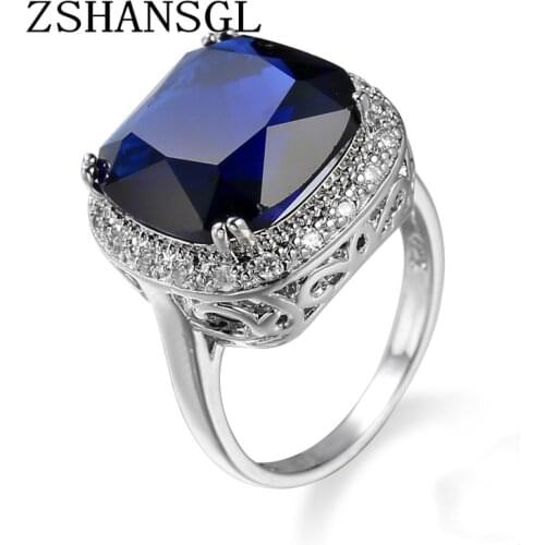 Solid 925 Sterling Silver 5A Blue Big Crystal CZ Finger Rings for Women Love Sweet Wedding Jewelry S925 stamp Gift