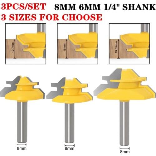 3pcs 6mm 8mm 6.35mm Shank 45 Degree Glue Joint Wood Router Bit Set Tungsten Carbide Lock Miter Router Bits For Wood