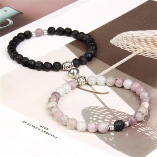 Couple Bracelets Natural 6 mm Lilac Beads Bangle Black Volcanic Stone Bracelet Lover Jewelry Magnetite Charm Elastic браслет Men