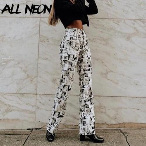 ALLNeon Vintage Anime Graphic High Waist Y2K Pants 90s Aesthetics E-girl Print Flare Trousers Streetwear Fashion Casual Pants