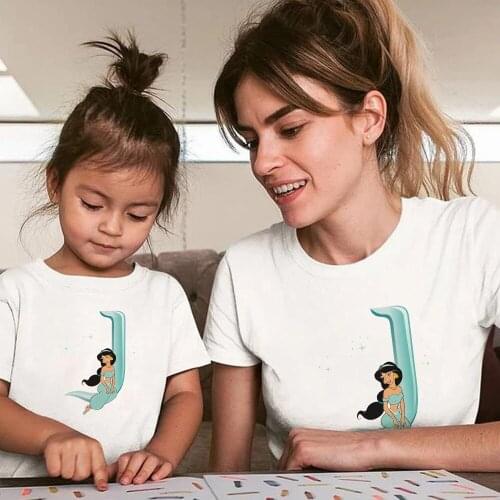 Disney Alphabet Tshirt Family clothing sets Cartoon Jasmine Princess Graphic Harajuku Cute Girl Short Sleeve Woman T shirt Top