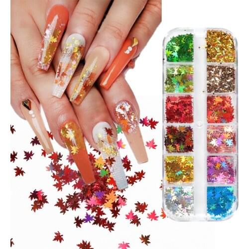 12 Grids Holographic Maple Leaf Glitter Flakes Sequins Nail Art Decorations Fall Leaves Paillette Polish Manicure Accessories