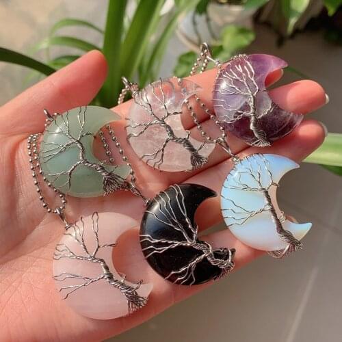 Natural Crystal Pendant Wire Wrap Tree Big Moon Crescent Opal Real Amethysts Pink Quartz Necklace Healing Stone Jewelry Women