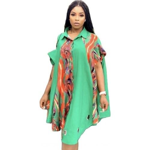 Fashion Dashiki 2021 New Print Blouse Irregular Eyelet Dress African Clothing Streetwear Vestido Green African Dresses For Women