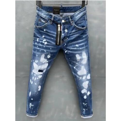New DSQ2 Mens Skinny Jeans With Ripped Holes And elastic Paint Spray Blue Stitching Beggar Pants 031-1
