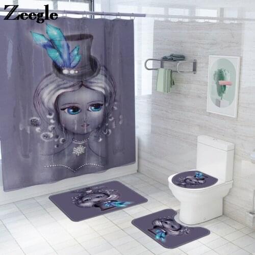 Zeegle Bath Mat and Shower Curtain Set Flannel Bathroom Carpet Anti Slip Toilet Seat Cover Mat Foot Mat Absorbent Toilet Set