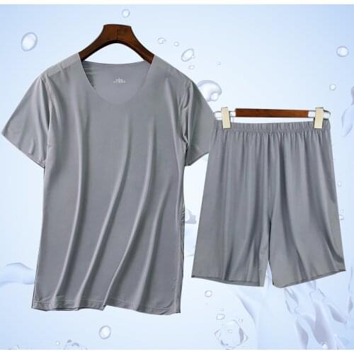 2021 New Ice Silk Mens Pijamas Sleep Set Spring Summer Thin Casual Home Clothes Elastic Breathable Sleepwear O-Neck 2Pcs/Set
