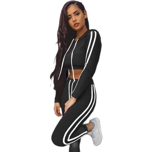 2021 Ladies Womens Autumn And Winter New Sports Suit Sexy Drawstring Stripe Stitching Two-Piece Female