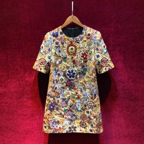 New Retro Baroque Print Heavy Industry Diamond Women Bodycon Luxury Thin Temperament Short-sleeved Dress High-end Custom Dresses