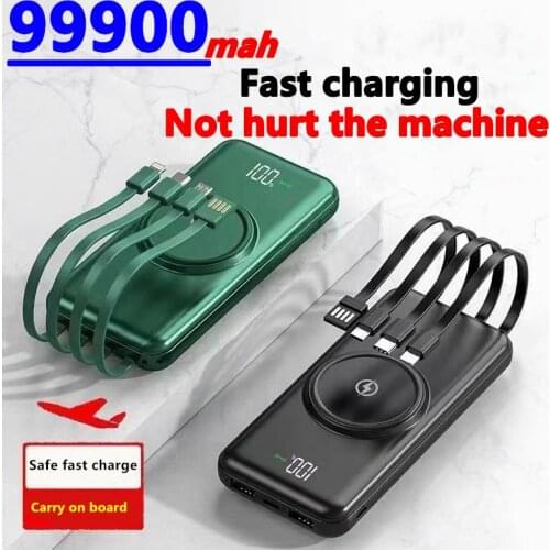 The upgraded version comes with a four-wire 99900mah wireless power bank suitable for Huawei,Apple and Android mobile power bank