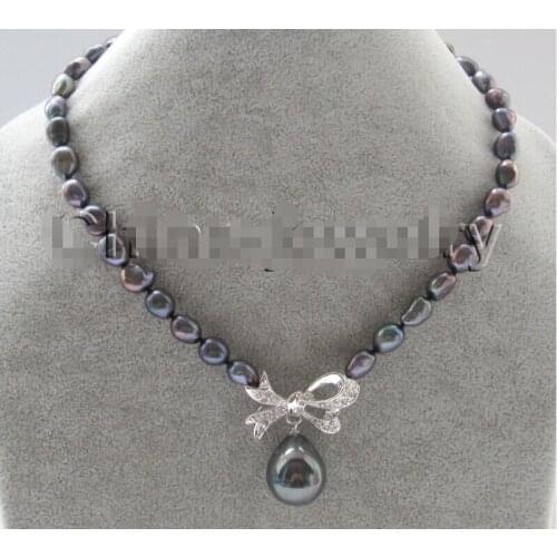 17 " 9-11mm black color baroque freshwater pearl necklace + butterfly 20mm shell 6.07