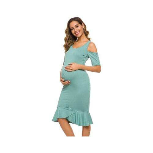 Clod Shoulder Short Sleeve Ruffles Mermaid Maternity Dress Stretch Bodycon Pregnancy Dresses Womens Clothing Baby Shower Dress
