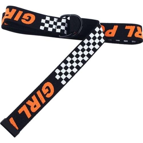 Unisex fashion Checkerboard letter printed Long Canvas Waist strap punk style Double D Ring Buckle Belt jeans Trouser Waistband