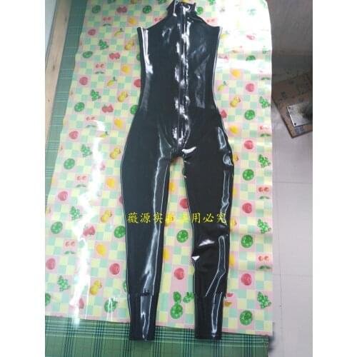 Sexy Black Latex Catsuit Rubber Bodysuit Sleeveless Outfit with Crotch Zip