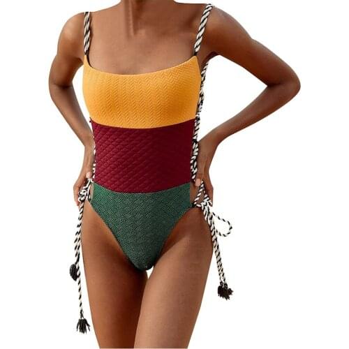 Sexy Women Piece Bikini Solid Patchwork Strappy Tassel Beachwear Swimwear Stitching Bikini Piece Swimsuit Female Z0323