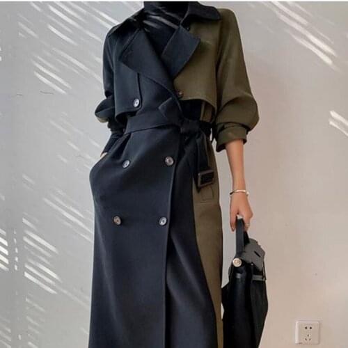 New arrival fashion safari style trench coat women hit color stitching double breasted long windbreak