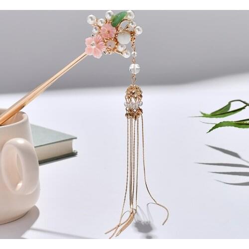 Ancient China vintage tassel handmade pink flower hairpin hair sticks Hair accessories girl Headwear for kimono hanfu COSPLAY