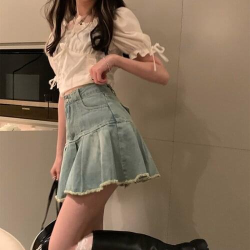 Hot Girl Denim Pleated Mini Skirt Womens 2021 Summer High Waist Slim A-line Short Skirt Streetwear Y2k Skirt