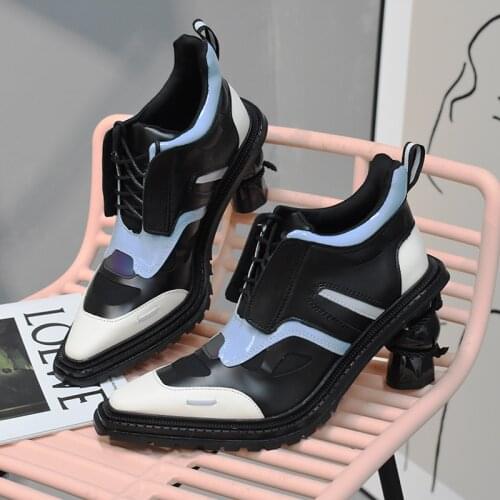 Strange Heel Women Ankle Boots Mixed Color Square Toe Autumn Boot Female Short Booties Lace-up High Heel Botas Mujer Women Pumps