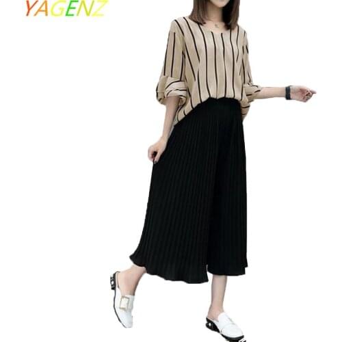 Large Size Summer Women Two Piece Suit Fat MM Clothing 2019 Fashion Female Sets Striped Blouse+Chiffon Wide Leg Pants Suit