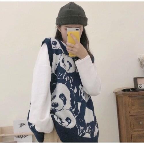 Knitted Vest Sweater Female Autumn And Winter New Style Japanese Cute Panda Jacquard Student Sleeveless Kawaii Sweater Women