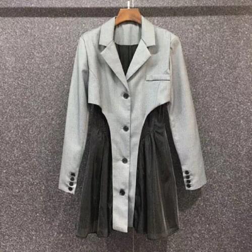 High Quality New Long Blazer Dress 2021 Autumn Women Notched Collar Sexy Tulle Mesh Patchwork Long Sleeve Dress Outfits Female