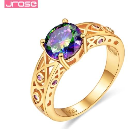 JROSE Luxury Brand women Fashion Silver 925 Jewelry Gold color Rings Round Cut Purple White Red Cubic Zirconia Size 6 7 8 9