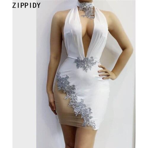 2020 Silver Rhinestone Halter White Dress Bar Prom Birthday Bodycon Outfit Women Latin Dance Deep V-collar Short Dress