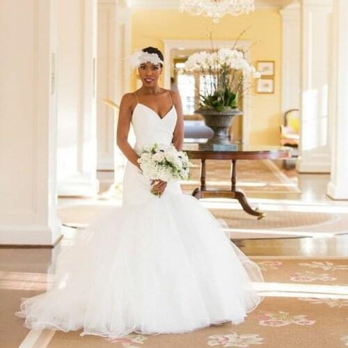 African Style Long V-Neck Mermaid Wedding Dresses Custom Sweep Train Lace Up Back Tulle Ruched Bridal Gowns for Women