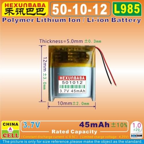 10pcs [L985] 3.7V 40mAh [501012] Polymer lithium ion / Li-ion battery for bluetooth earphone,mp4,toy,speaker,DVR,GPS,mp3;MP5