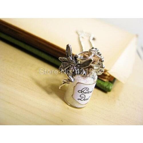 12pcs/lot Pixie Dust Glass Bottle Necklace Glass Vial Pendant Fairy Dust Charm Pixies Fairy Tale jewelry silver tone