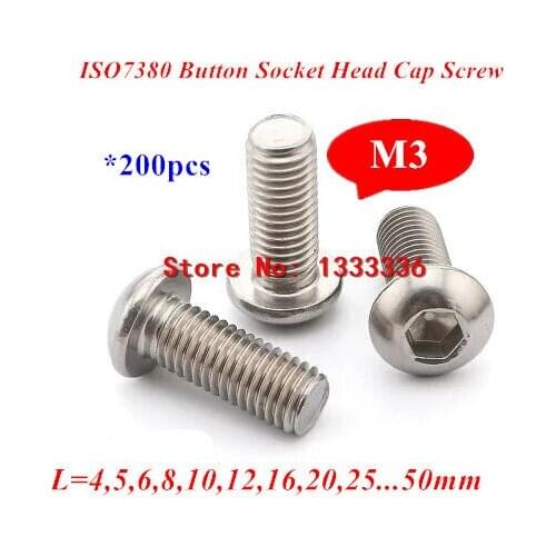 200pcs M3 ISO7380 Stainless Steel Screws Button Head Hex Socket Screw M3*5/6/8/10/12/16/18/20/25/30mm Round head mushroom bolts