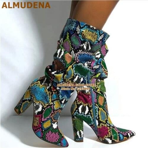 ALMUDENA Multi-snakeskin Chunky Heel Knee High Boots Pointed Toe Folded Zipper Tall Boots Colorful Python Printed Long Boots