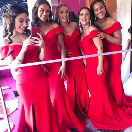 2019 Off The Shoulder Satin Mermaid Long Bridesmaid Dresses Ruched Split Sweep Train Wedding Guest Maid Of Honor Dresses